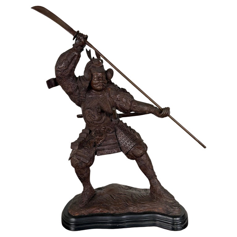 Japanese Bronze Samurai Warrior Sculpture with Spear, Early 20th Century