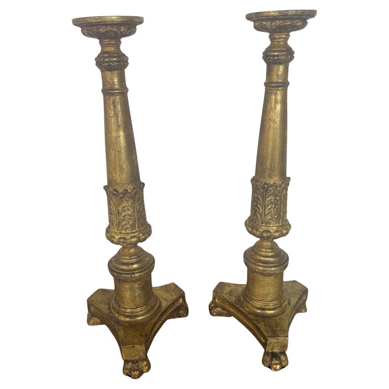 Pair of Antique Giltwood Candlesticks with Paw Feet, Neoclassical Style