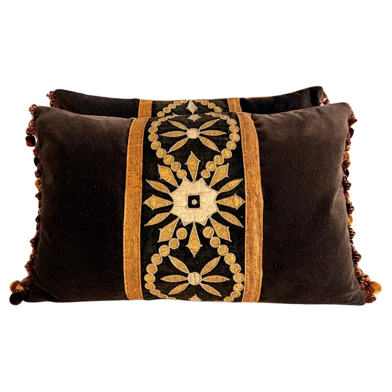 Pair of Custom Velvet Pillows with 19th Century French Appliqué Panels