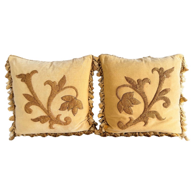 Pair of Golden Chenille Pillows w/ 19th Century Metallic Embroidered Appliqués
