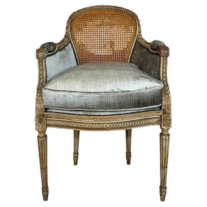 Antique French Louis XVI Style Painted Bergère Chair with Cane Back