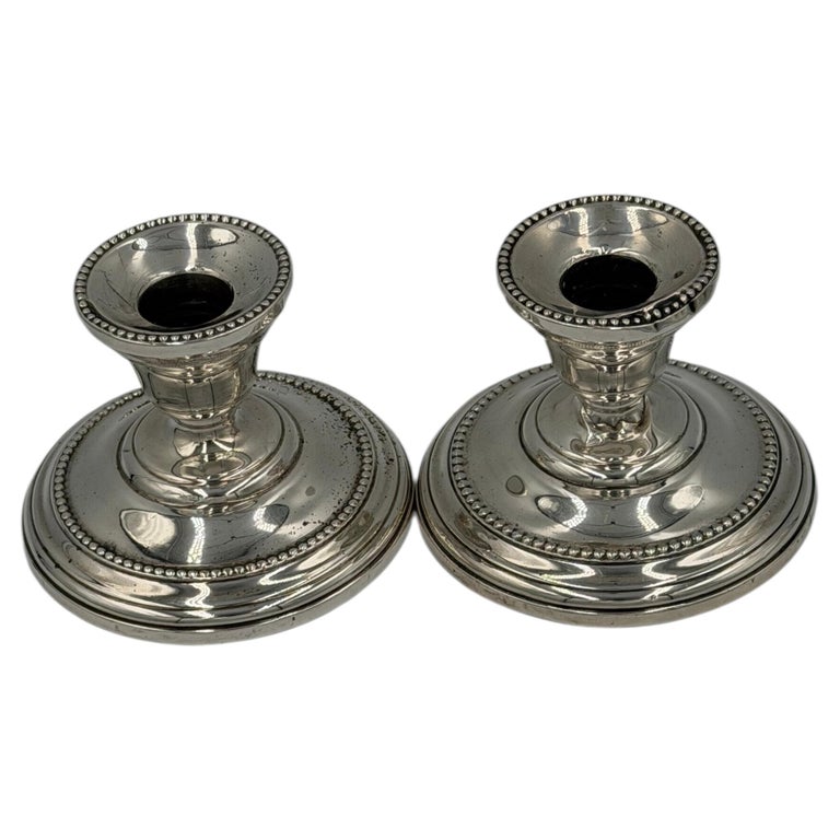 Pair of Antique Sterling Silver Candlesticks with Beaded Rim Detail