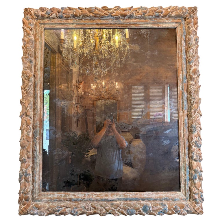 Antique French Carved Wood Mirror with Foliate Frame and Original Foxed Glass