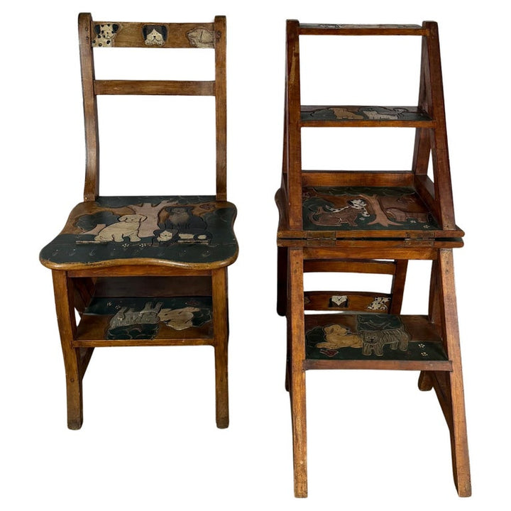 Pair of Hand-Painted Convertible Library Step Ladder Chairs with Dog Motif