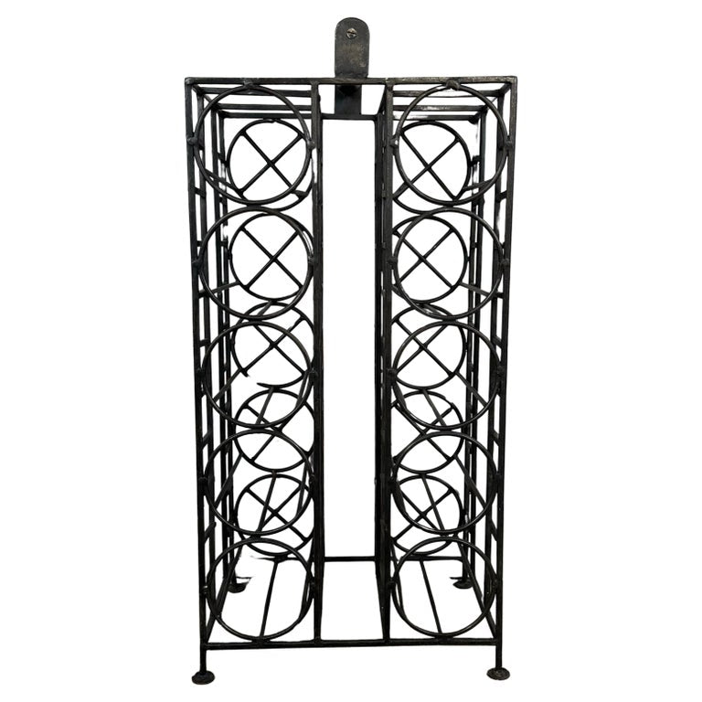 Vintage Black Iron 10-Bottle Wine Rack with Geometric Design