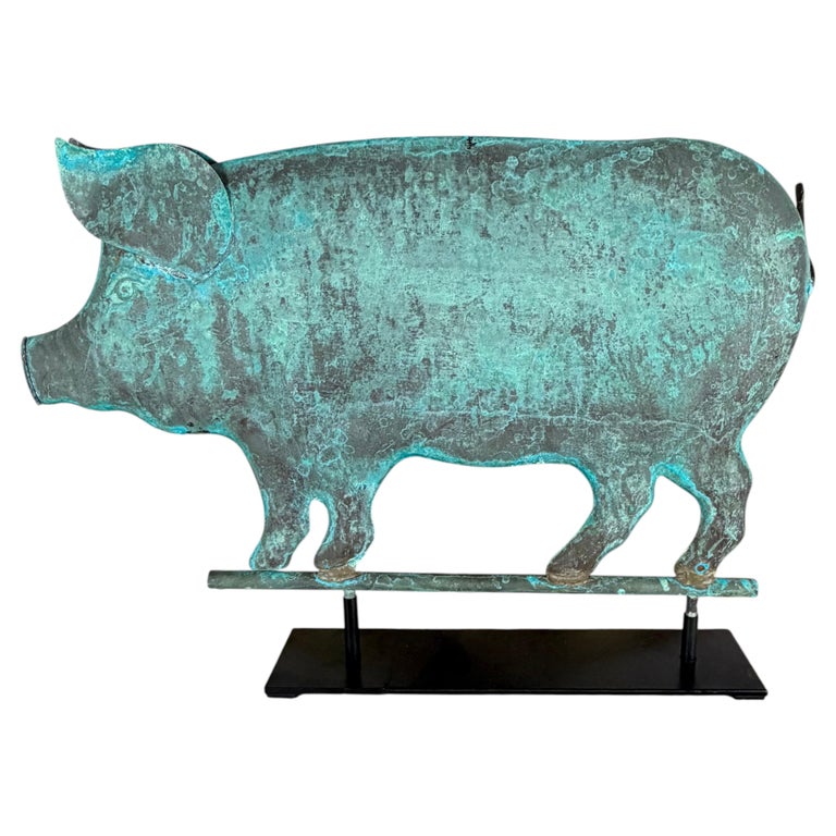 Folk Art Copper Pig Weathervane Object on Iron Base