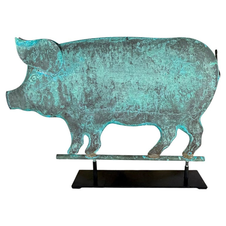 Folk Art Copper Pig Weathervane Object on Iron Base