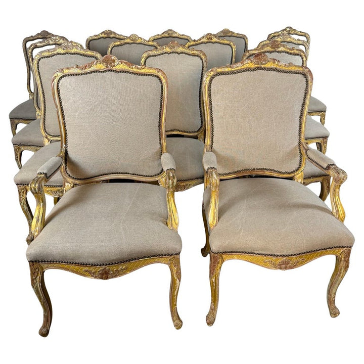 Set of 14 French Louis XV Style Distressed Dining Chairs with Linen Upholstery