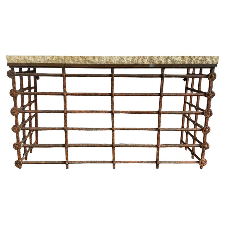 Rustic Console Table with Textured Stone Top and Hand-Forged Iron Base