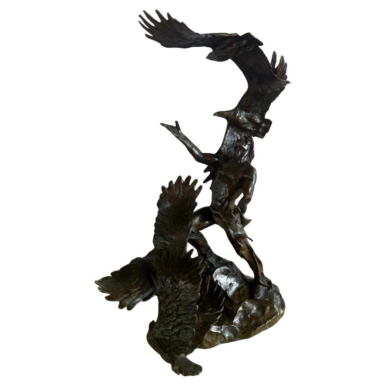 Monumental Bronze Sculpture of Native Warrior and Eagles, Dynamic Art