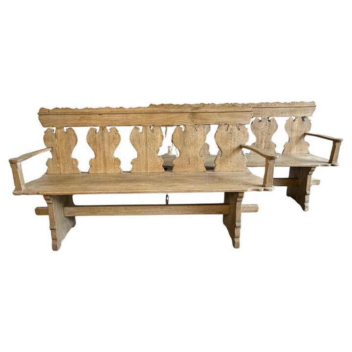 Rustic Hand-Carved Oak Benches, Pair, Folk Art / Spanish Colonial Style