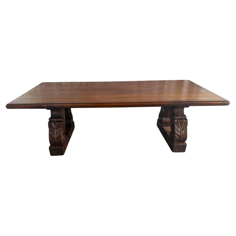 Spanish Colonial Revival Walnut Dining Table with Hand-Carved Scrollo