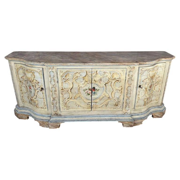 Italian Rococo Painted Serpentine Credenza with Floral Cartouches