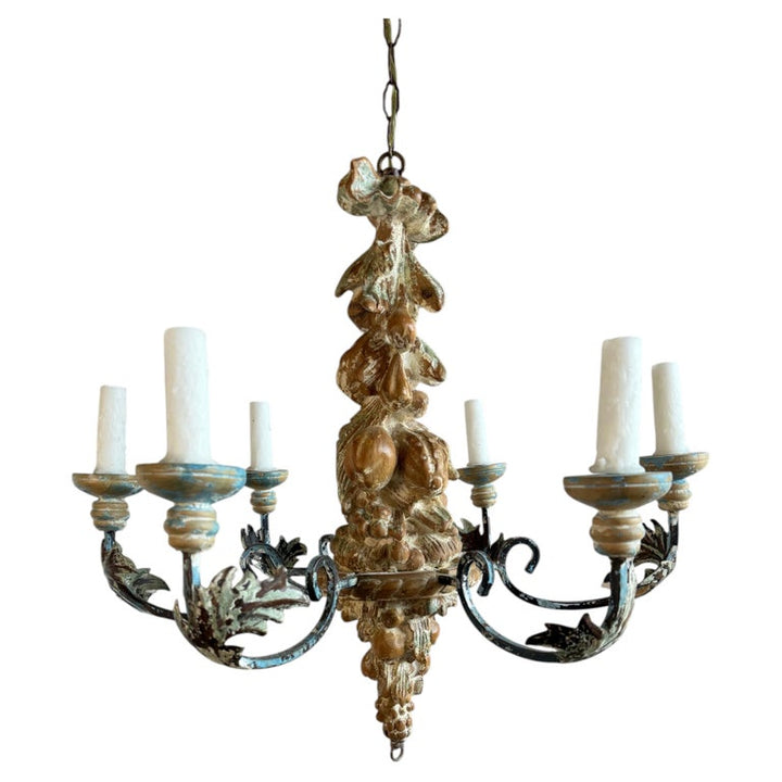 Italian Rococo Painted Wood & Iron 6-Light Chandelier with Fruit Garland
