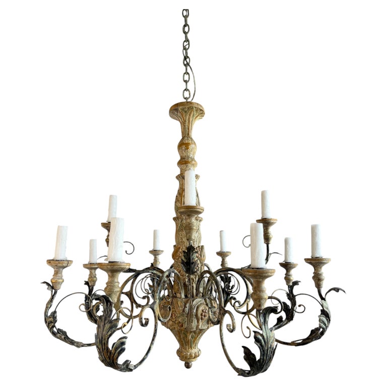 Monumental Italian Rococo Painted Wood & Wrought Iron 12-Light Chandelier