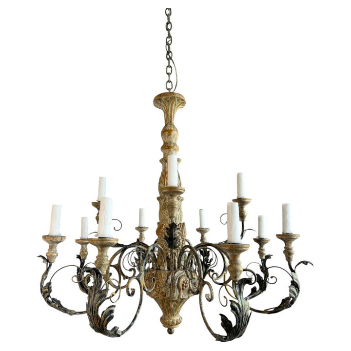 Monumental Italian Rococo Painted Wood & Wrought Iron 12-Light Chandelier