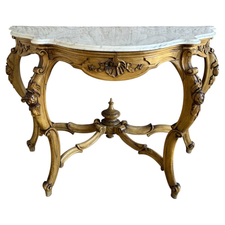 French Louis XV Style Carved Giltwood Console Table with White Marble Top