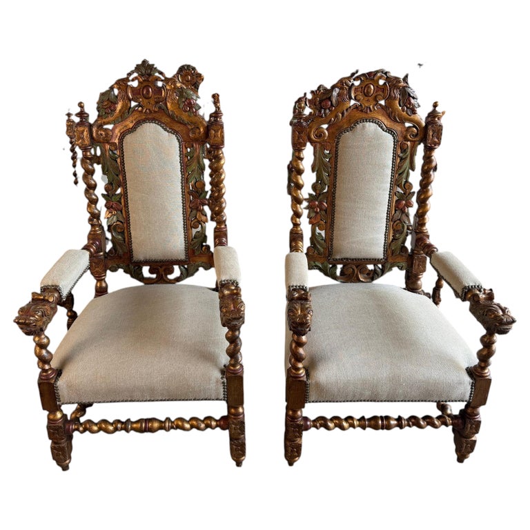 Set of 10 chairs Italian Renaissance Revival Polychrome Giltwood Dining Chairs