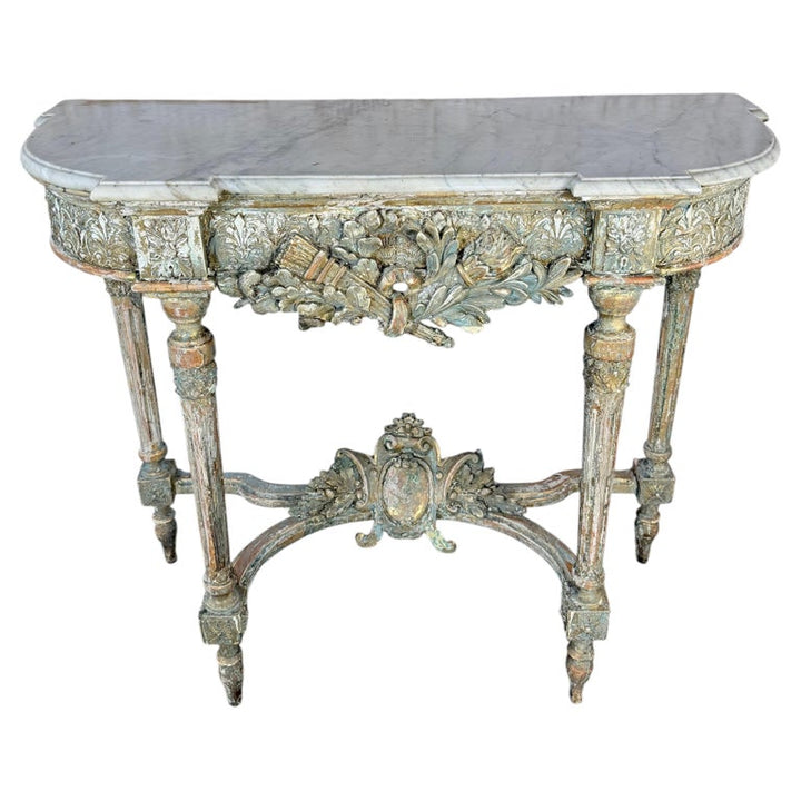 French Louis XVI Painted Gesso & Giltwood Console Table with Shaped Marble Top