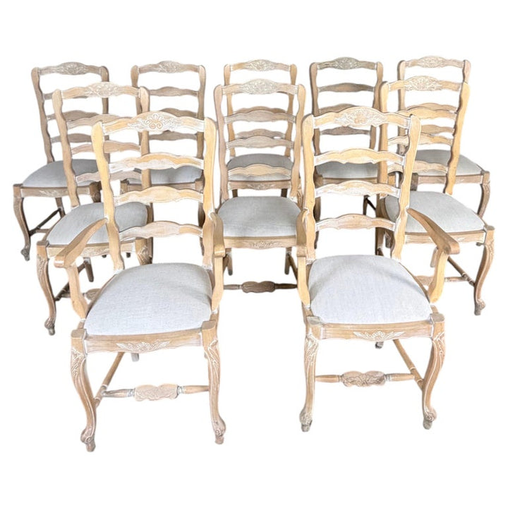 Set of 10 19th Century French Provincial Bleached Oak Ladderback Dining Chairs