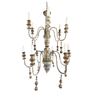 Mediteranean Style Italian Painted & Parcel Gilt Wood 12-Light Chandelier
