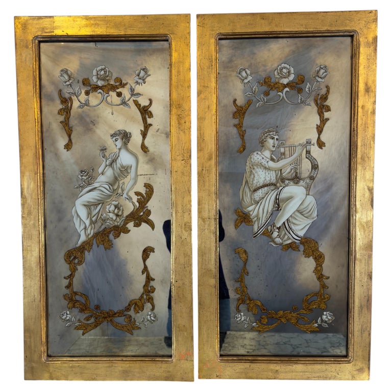 Neoclassical Reverse Painted Mirror Panels, Early 20th Century