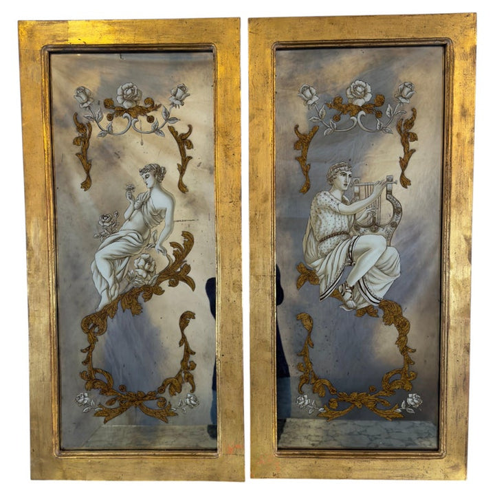 Neoclassical Reverse Painted Mirror Panels, Early 20th Century