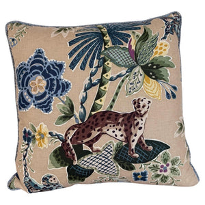 Designer Linen Throw Pillow in Exotic “Braganza” Jungle Print with Leopard Motif