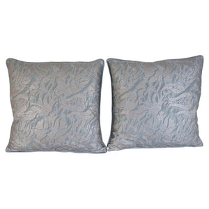Fortuny Cotton Damask Throw Pillows, Venetian Floral Motif, Aqua & Silver Pair