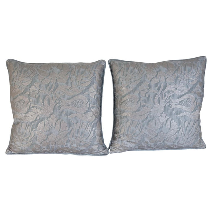 Fortuny Cotton Damask Throw Pillows, Venetian Floral Motif, Aqua & Silver Pair