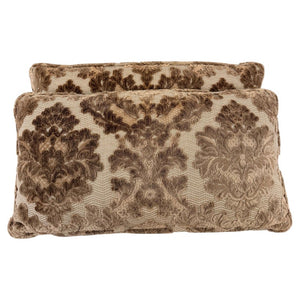 Pair of Cut Velvet Lumbar Pillows, Taupe-Brown Damask, Antique Style