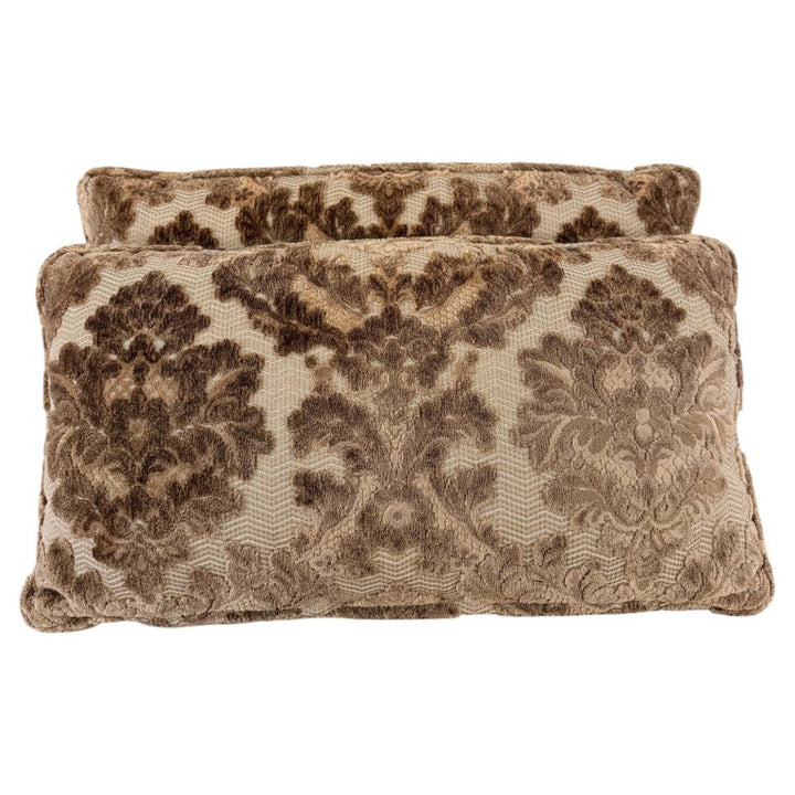 Pair of Cut Velvet Lumbar Pillows, Taupe-Brown Damask, Antique Style