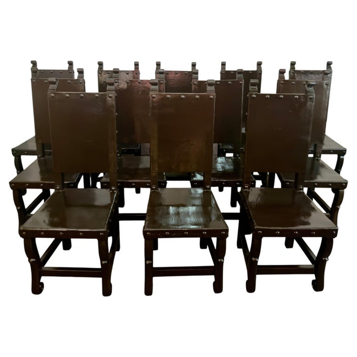 Set of 12 Monumental Spanish Colonial Revival Leather Dining Chairs