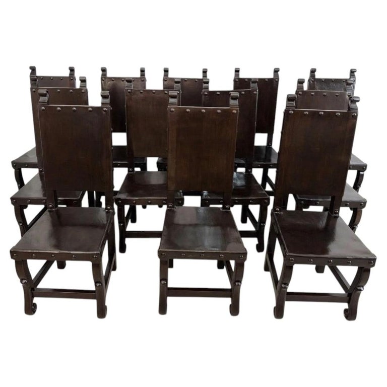 Set of 12 Monumental Spanish Colonial Revival Leather Dining Chairs
