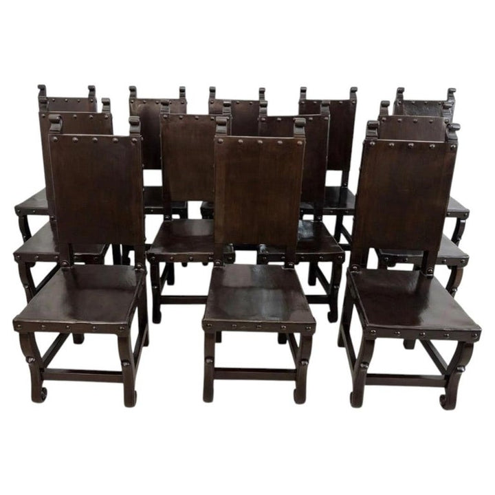 Set of 12 Monumental Spanish Colonial Revival Leather Dining Chairs
