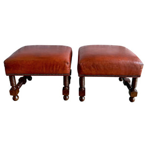 Spanish Colonial Revival Leather Benches with Antique Brass Trim, 1960