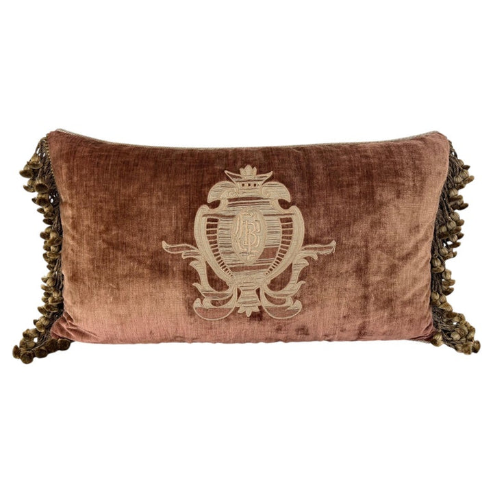 French Neoclassical-Style Embroidered monogram Velvet Lumbar Pillow