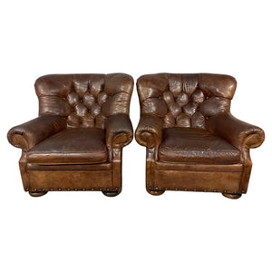 Pair of English Library Club Chairs in Hand-Finished Cognac Leather