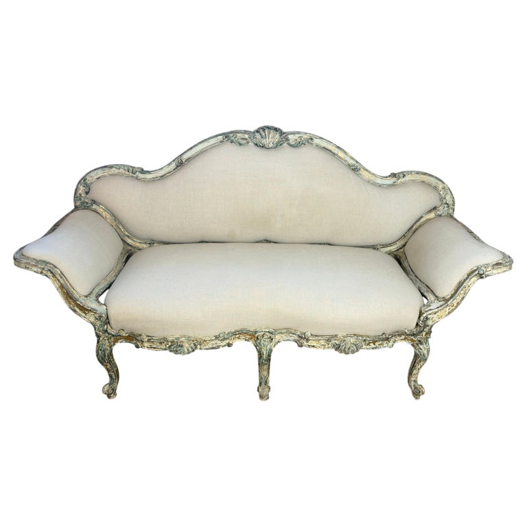 French Louis XV Corbeille Settee with Original Distressed Patina and Shell Crest