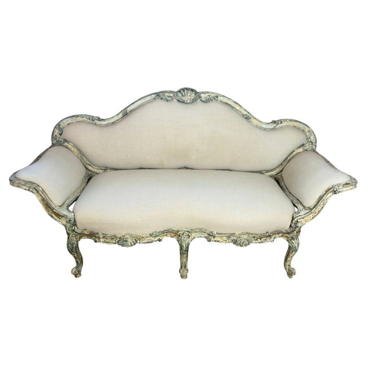French Louis XV Corbeille Settee with Original Distressed Patina and Shell Crest