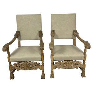Pair of Exceptional Spanish Baroque Throne Armchairs with Hand-Carved Lion Heads