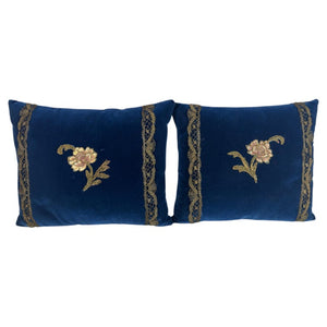 Pair of French Sapphire Velvet Pillows with 19th Century Gold Metallic Appliques