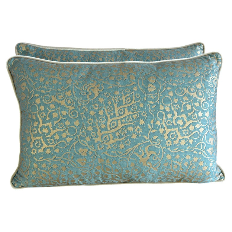 Pair of Venetian Aqua and Gold Fortuny Textile Lumbar Pillows