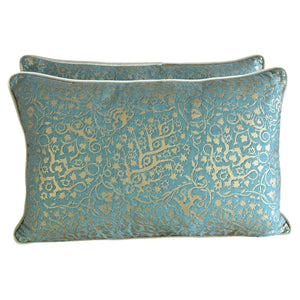 Pair of Venetian Aqua and Gold Fortuny Textile Lumbar Pillows