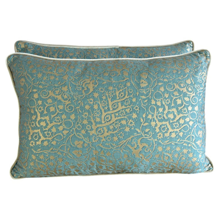 Pair of Venetian Aqua and Gold Fortuny Textile Lumbar Pillows