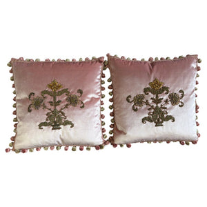 Pair of French Couture Blush Silk Velvet Pillows with 19th Century Appliques'