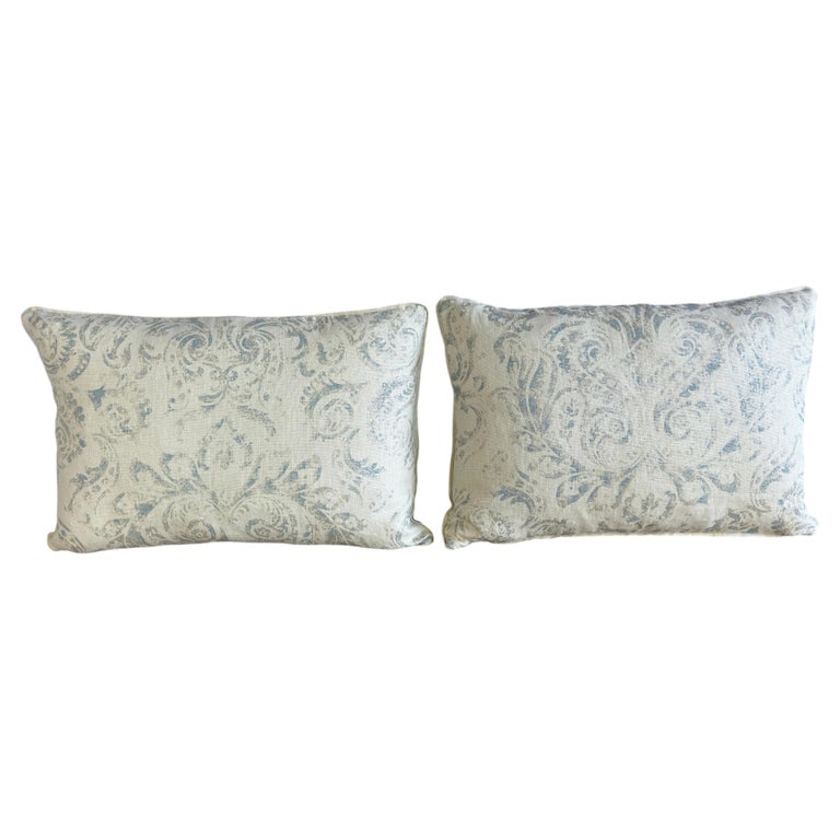 Pair of Custom Printed Linen Lumbar Pillows in Faded Aqua Baroque Damask