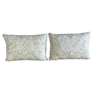 Pair of Custom Printed Linen Lumbar Pillows in Faded Aqua Baroque Damask