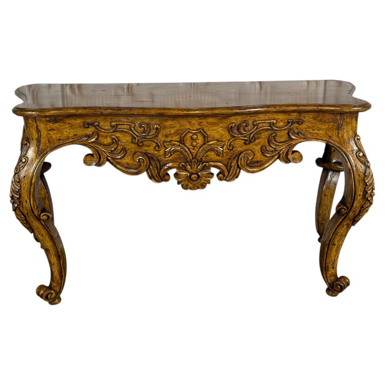 Italian Rococo Style Hand- Carved Walnut Console Table