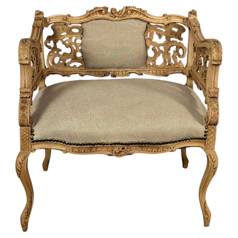 Antique Venetian Rococo Pierced Bench Settee- Hand Carved Bleached Walnut